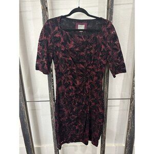 Maeve Elorn lace ruched dress from Anthropologie Sz 12 Burgundy & Black